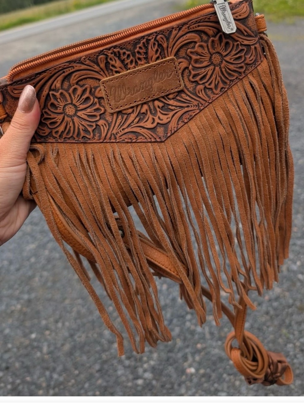 Wrangler Brown Suede Fringe Crossbody with Tooled Floral Panel